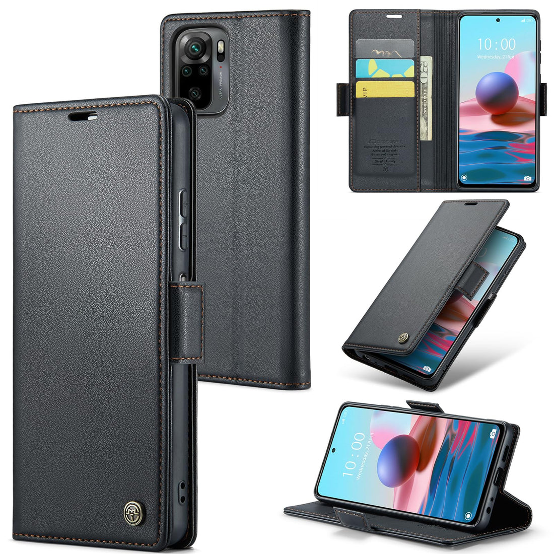 Phone Case Cover UNBLACK Luxury PU Leather Flip Cover 023 Card Slot Holder Cover Compatible with Redmi Note 10 4G / Note 10s (Black)