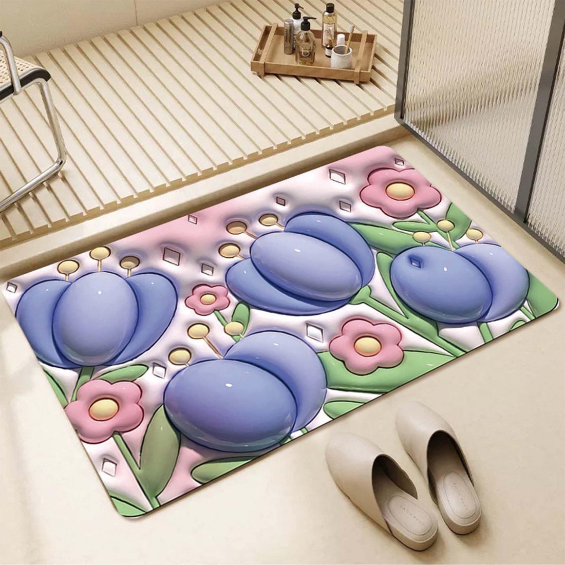 Pawertech Bath Rug, 5D Print Bathroom Mat, Innovative Diatomaceous Earth Material, Super Absorbent, Quick Dry, Non-Slip Rubber Bottom, Washable and Reusable (Flower 2)