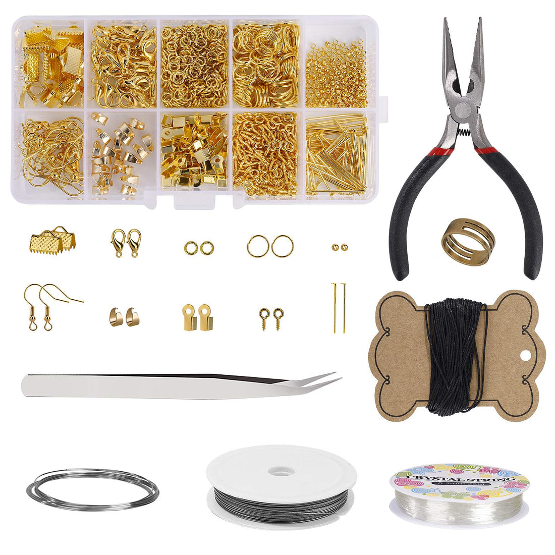 Jewellery Making Kit Handcrafted Jewellery Making Repair Kit Jewellery Accessory Kit with Pliers Tools for Adults and Beginners DIY Earrings, Necklaces, Bracelets (Gold)