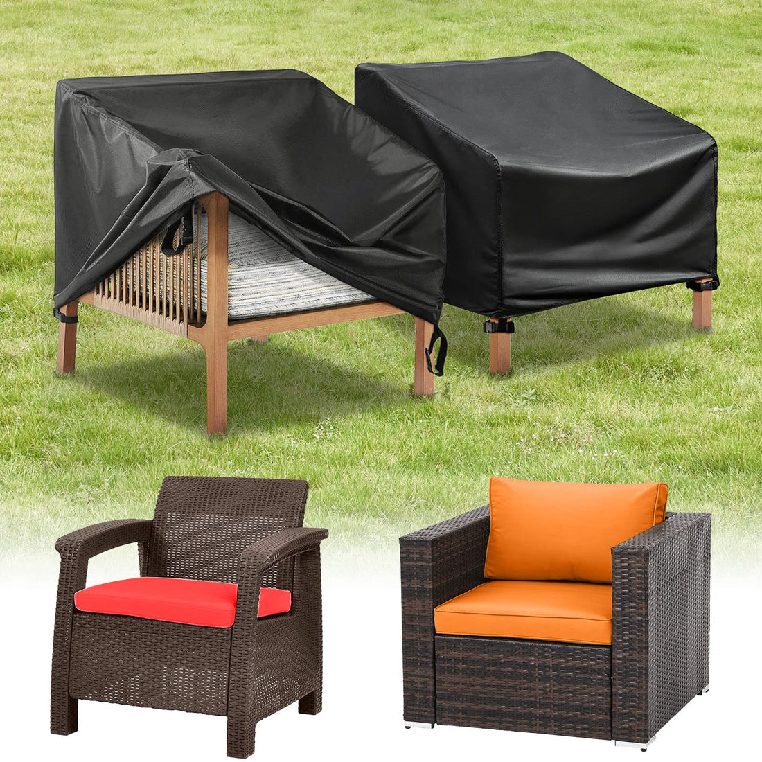 HIRALIY Patio Chair Covers, 2 Pack Waterproof Outdoor Lounge Deep Seat Furniture Cover, Heavy Duty Single Wicker Garden Sofa Chair Cover 35" Lx 35" Wx 27.5" H ( 90x90x70cm )