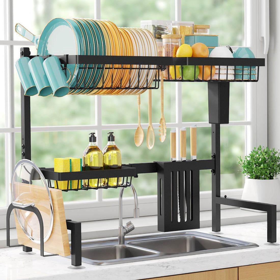 Sakugi Dish Drying Rack - Adjustable Over The Sink Dish Drainer Drying Rack (26.8" to 33.9" W), Large Capacity Stainless Steel Dish Rack, Multifunctional Kitchen Organizers and Storage Rack, Black