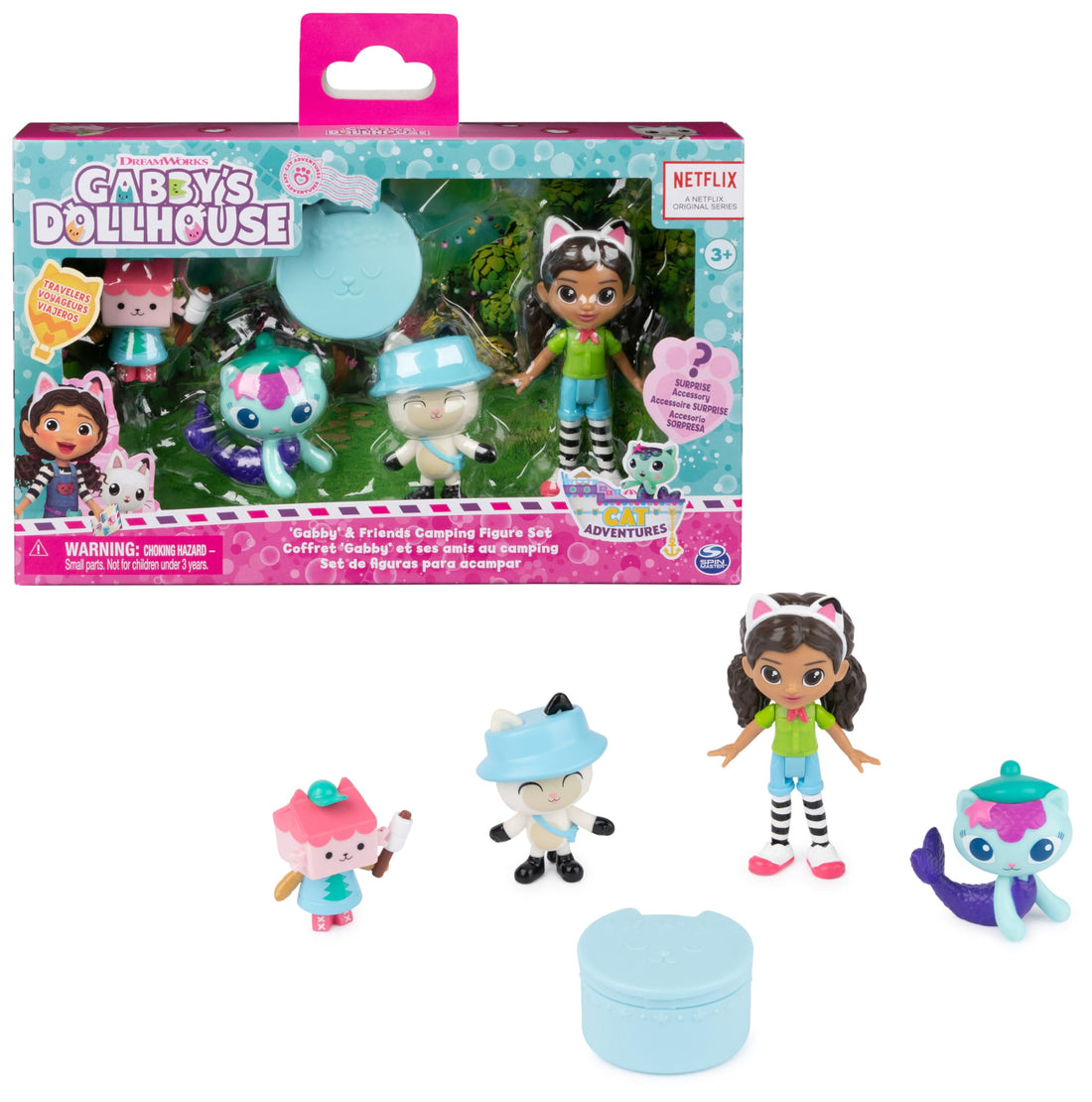 Gabby's Dollhouse 6067225 DreamWorks Campfire Gift Set with Gabby, Panda Paws, Baby Box and Meerkitty Toy Figures, Collectable Toys for Girls and Boys