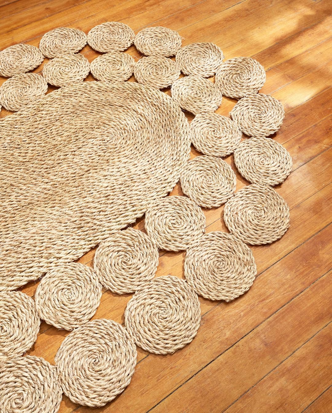 Handwoven Seagrass Area Rug, Natural Brown, Round Spiral Design, 170 x 120 cm