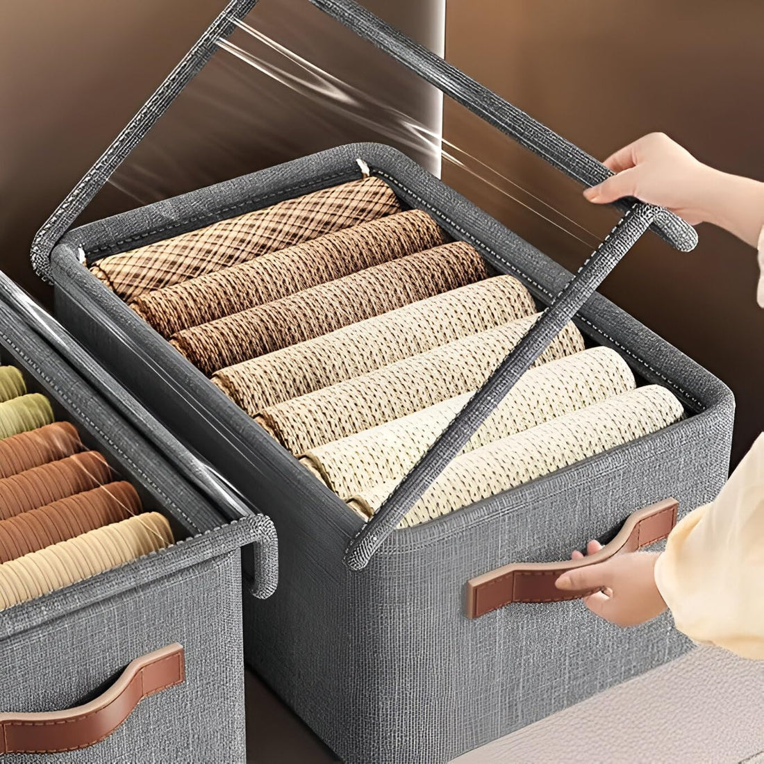 Collapsible Fabric Storage Cubes Organizer with Handles Foldable Storage Baskets for Organizing Toys, Books, Shelves, Closet, Large Storage Box with Handles Metal Frame and Transparent cover