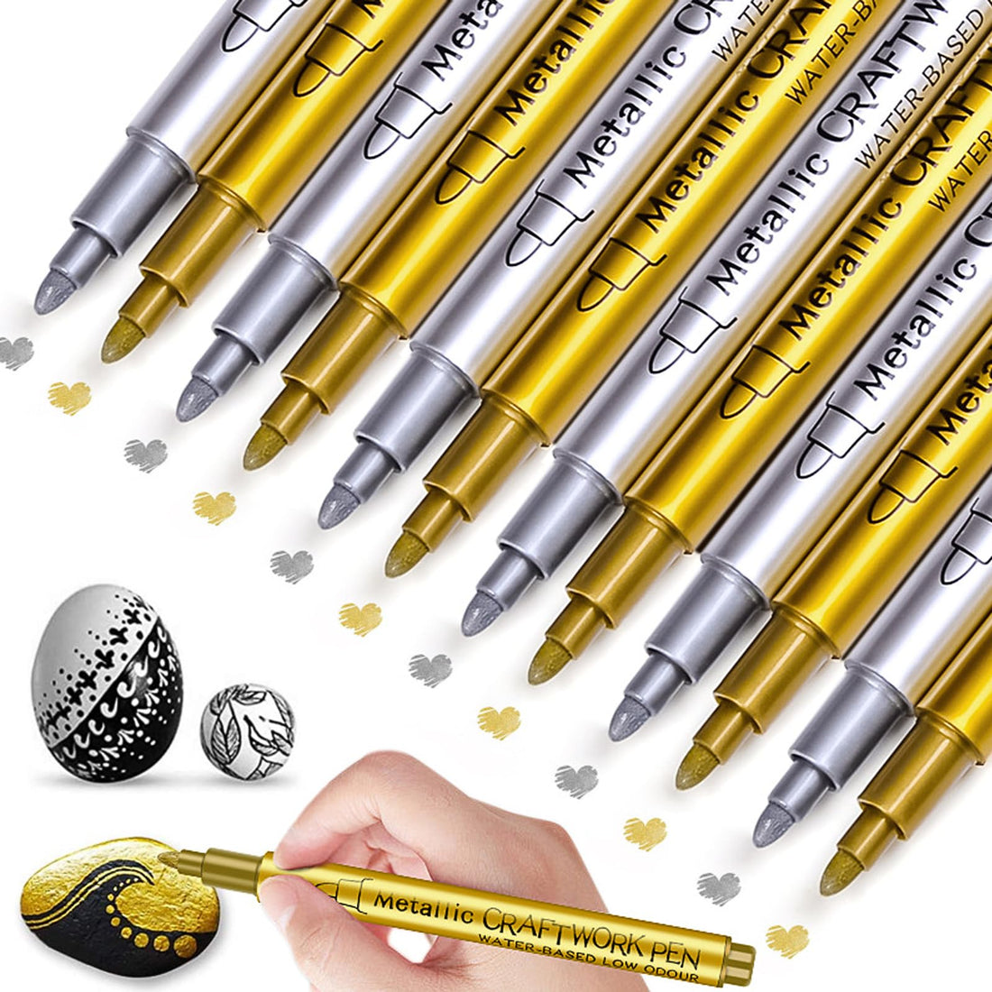 Acrylic Pens, Gold Silver Marker Set, Waterproof, Quick Drying, for Stone, Wood, Glass, Ceramic, Canvas, Tyres, Textiles (12 Sticks)