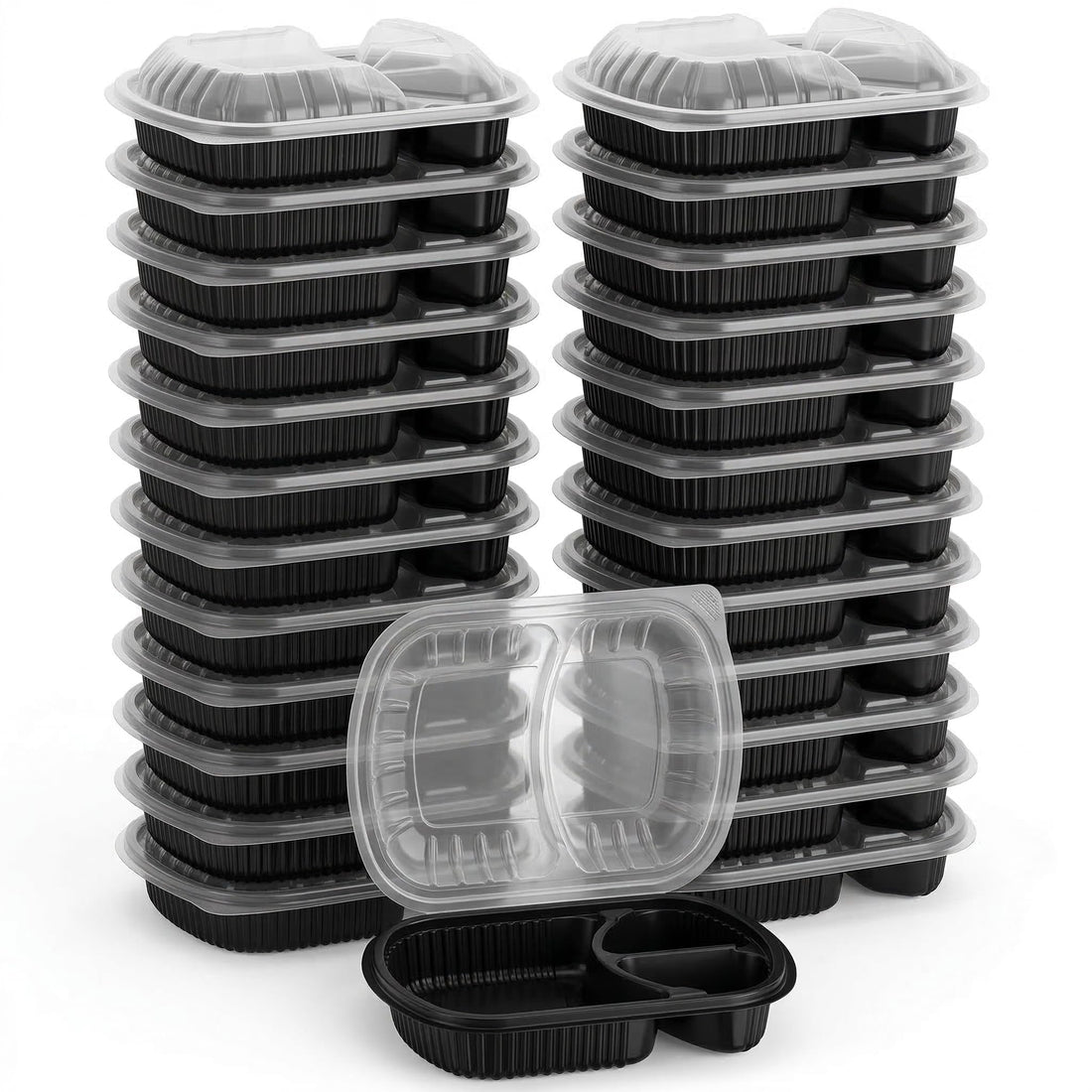 (Pack of 10) - 3 Compartment Plastic Meal Tray with Clear Lid – Disposable Microwave-Safe Food Containers for Takeaway, Meal Prep & Delivery – Leak Resistant Black Base (10)