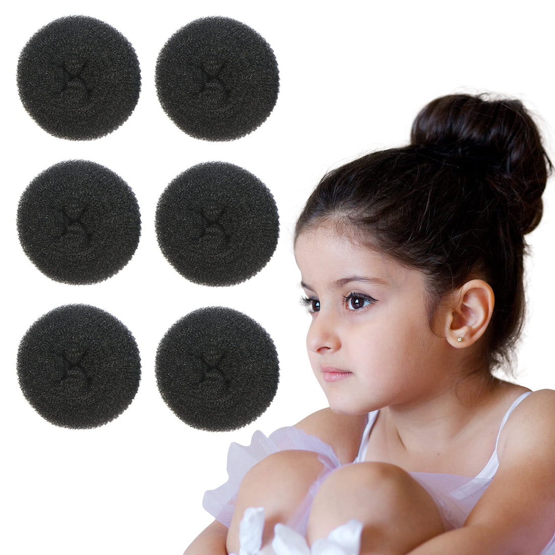 Styla Hair Small Bun Maker for Kids - Ballet and Sock Buns, Easy Hair Donut (6pc Black 2 Inch Size)
