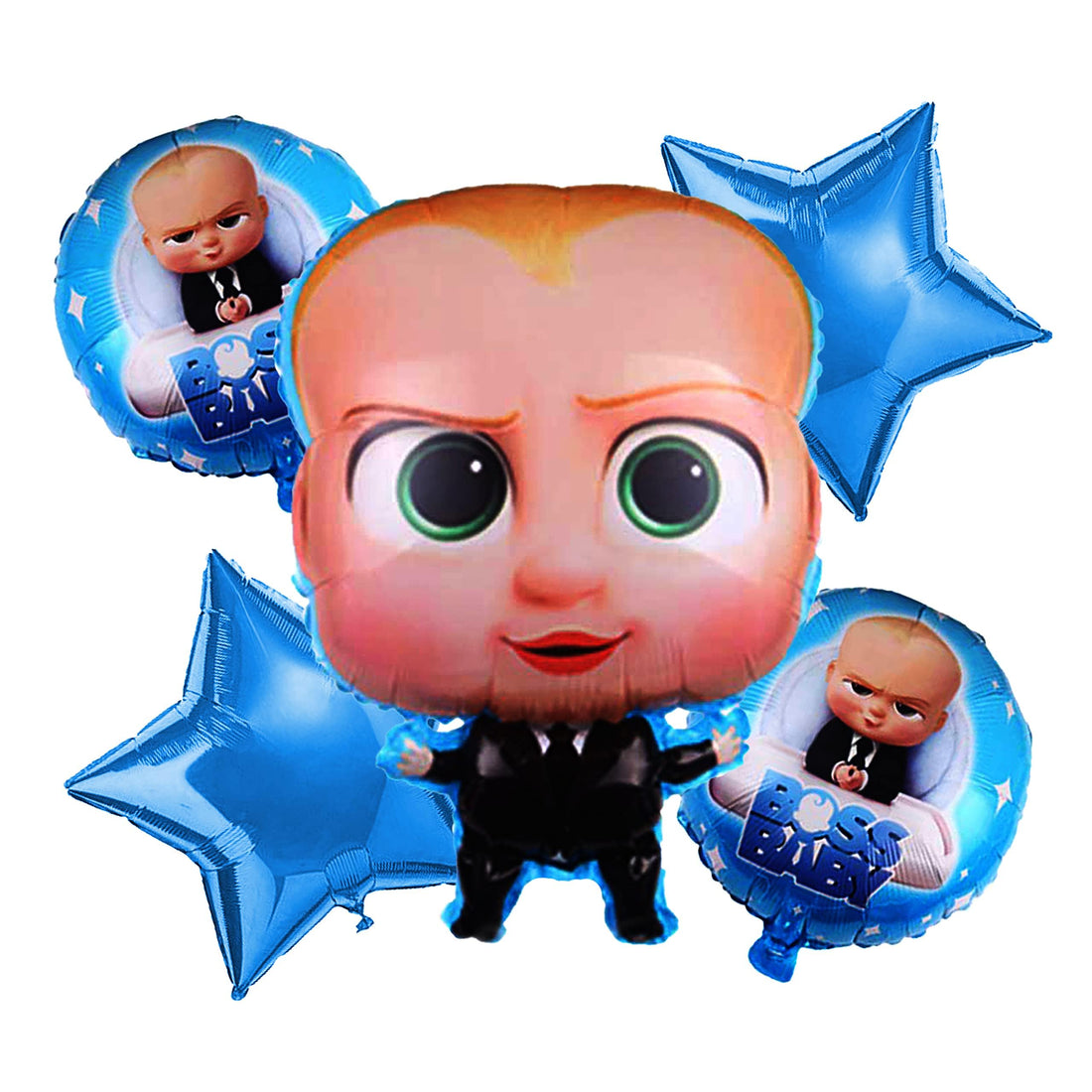 ITAF Set Of 5 Pcs Happy Birthday Foil Balloons Decoration Kit For KIds/One year Celebration Theme - 1 Boss Baby Figure Foil Balloon,2 Blue Star Foil Balloons, 2 Round Boss Baby Foil Balloons