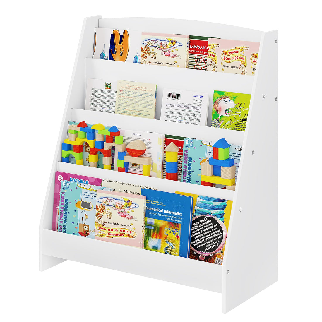 Lestarain Montessoriana Children's Wooden Bookcase, Book Cabinet with 4 Open Compartments, Floor Bookshelf for Bedroom, White, 61 x 30 x 70 cm