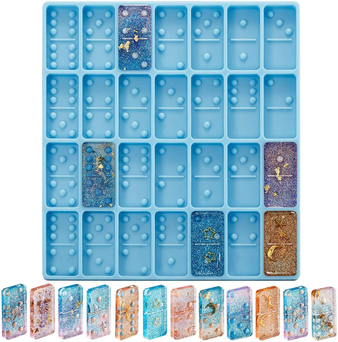 DELFINO Domino Mold for Epoxy Resin, Candy, Clay - 28 Cavities Silicone Mold for Pendant, Cake, Jewelry Making Tool (Blue, 125 Gram)