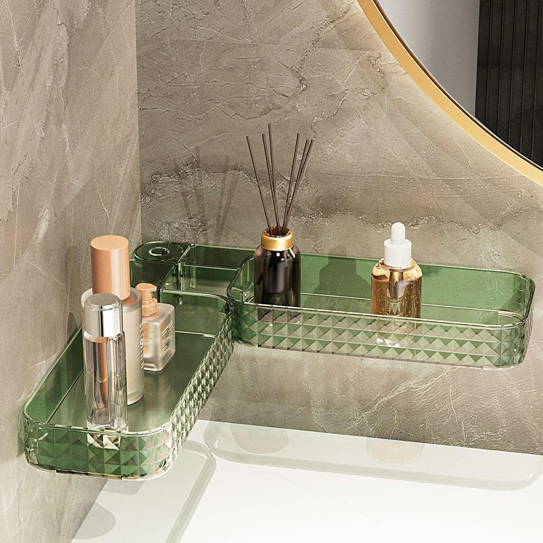 FASHION.HOME Clear Acrylic Corner Shelf Bathroom Organizer, Movable and Foldable Design, Easy Assembly, Ideal for Holding Shampoo and Perfume – Special Edition