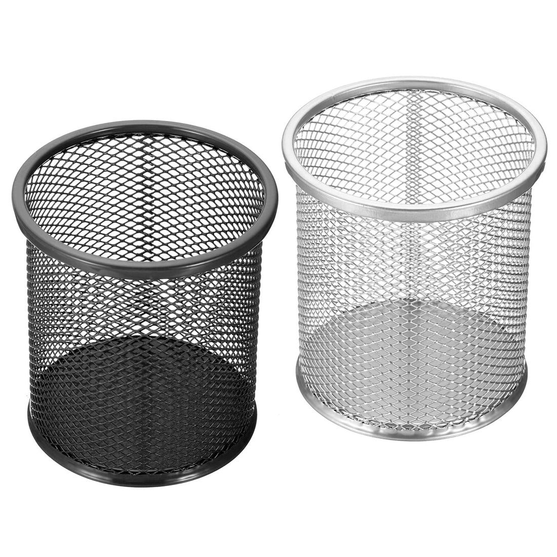 PATIKIL Net Pen Holder 2pcs Pencil Holder Basket Pen Holder Organizer Round Makeup Brush Holder for Desk Accessories Silver Black