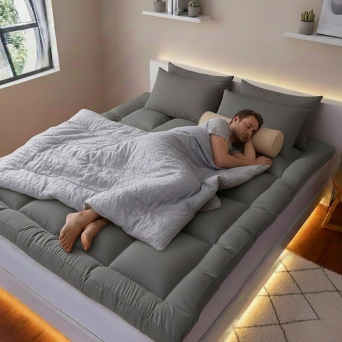 Luxury Turkish mattress topper with 800 g/m² fiber – balanced back support, soft anti-clumping fabric, 4 corner straps for secure fit, perfect for deeper sleep. (Gray, 180)