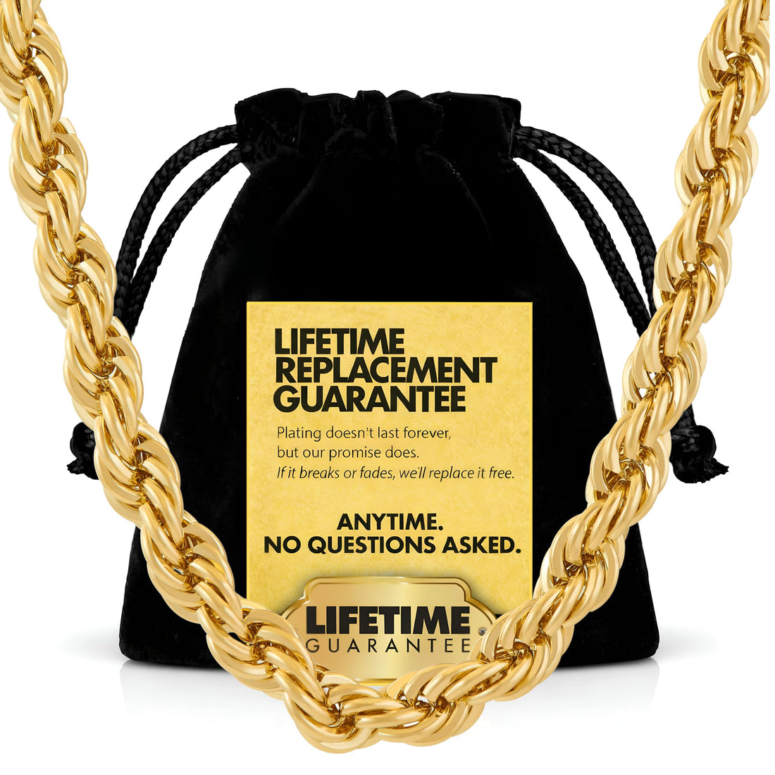 LIFETIME JEWELRY 7mm Rope Chain Necklace 24k Real Gold Plated for Men and Women