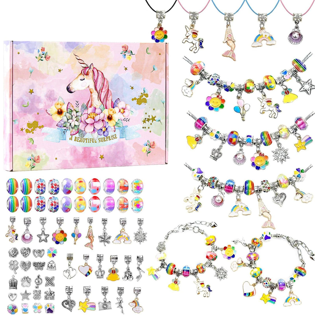 Beauenty Bracelet Making Kit for Girls,66PCs Rainbow Charm Bracelets Kit with Jewelry Box, Bracelets for DIY Craft, Bracelet Gift for Adults and Kids,Present For 8-12 Year Old Girl