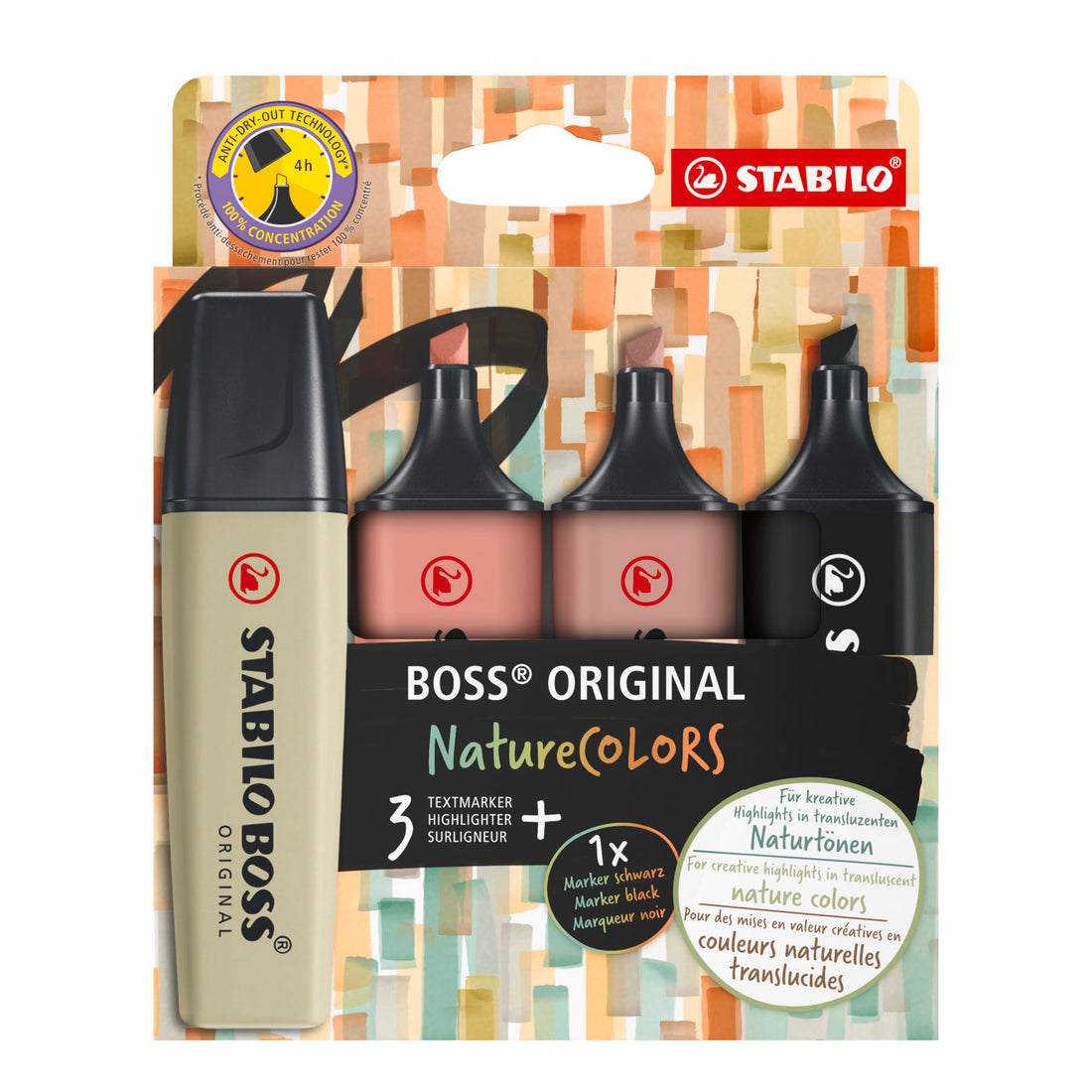 STABILO Highlighter BOSS ORIGINAL NatureCOLORS - Pack of 4 - Mud Green, Sienna, Umber, Black