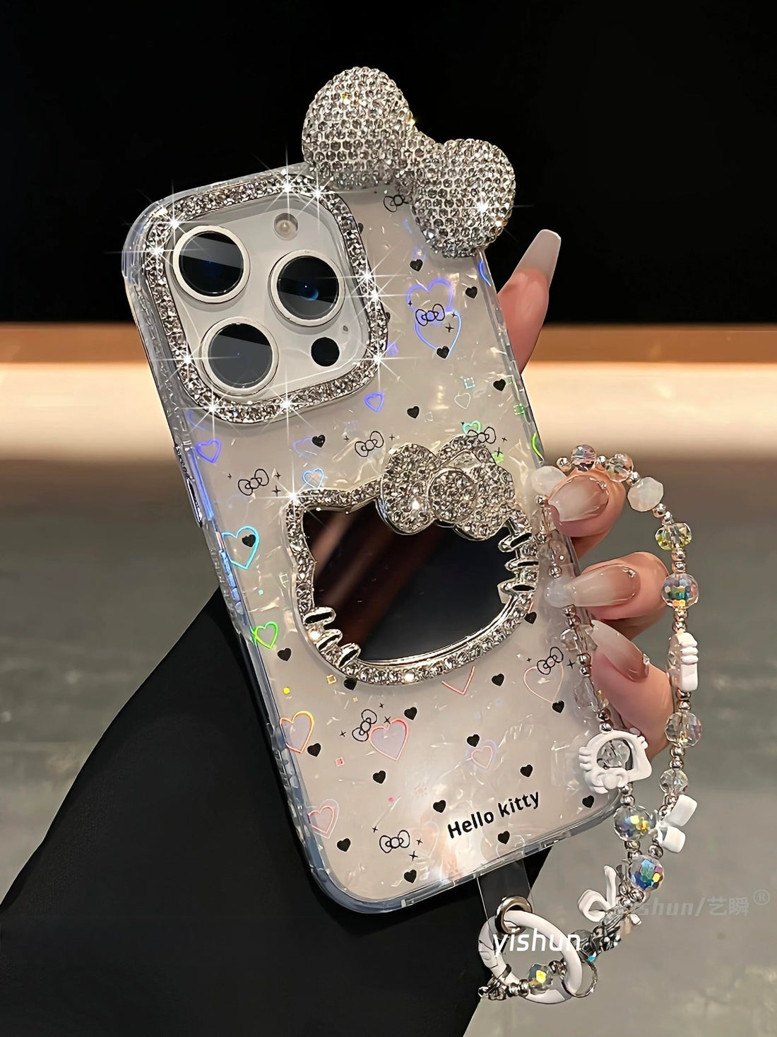 Fekra 3D Bling Glitter Mirror Surface Cut Hello Kitty Phone Case For iPhone 17 Hard Cover With Lanyard (iPhone 17)