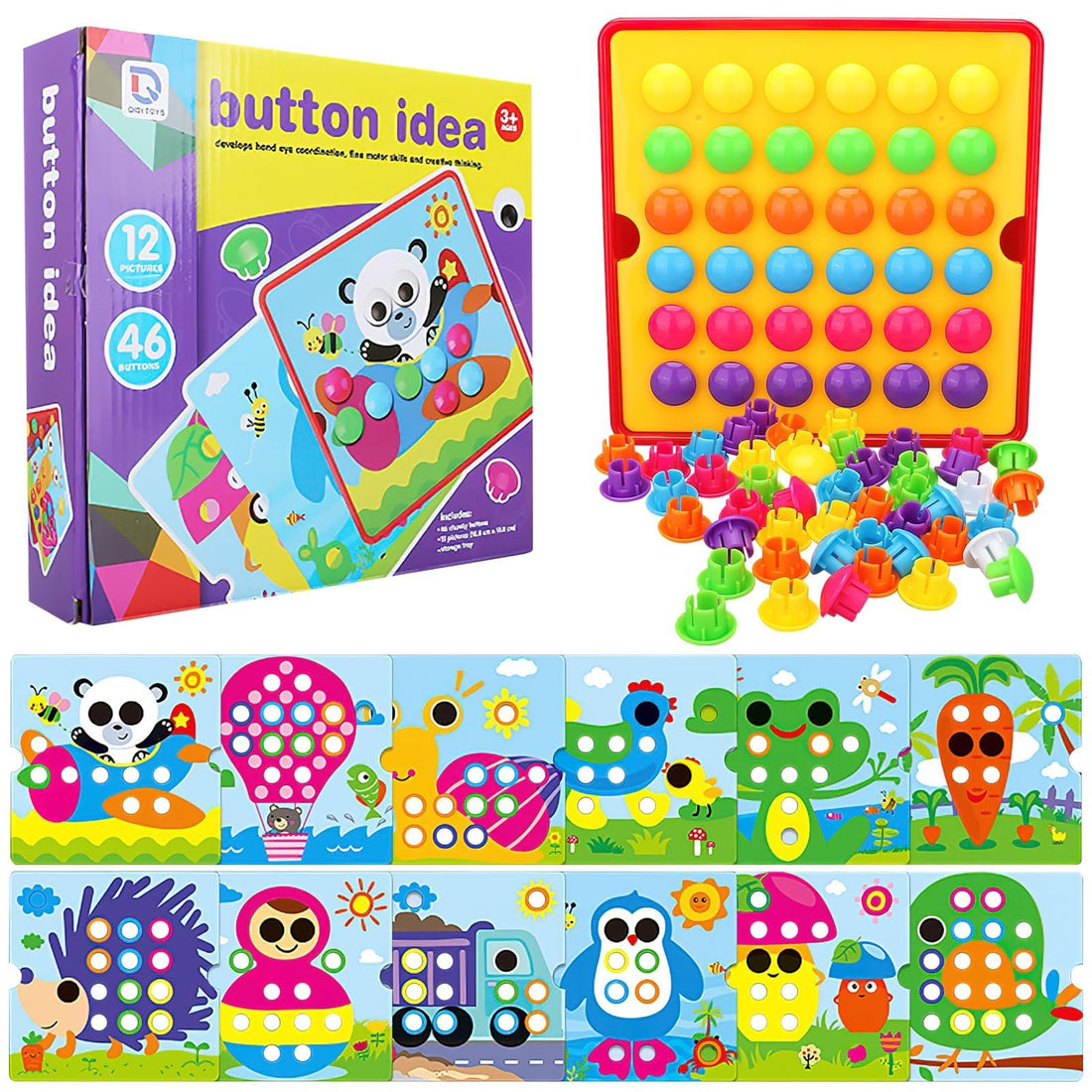 Button Matching Game for Kids "Button Idea" (New and Upgraded Version) – Includes 12 Design Cards & 46 Colorful Buttons – Motor Skills & Color Recognition – Ages 3+ (panda)