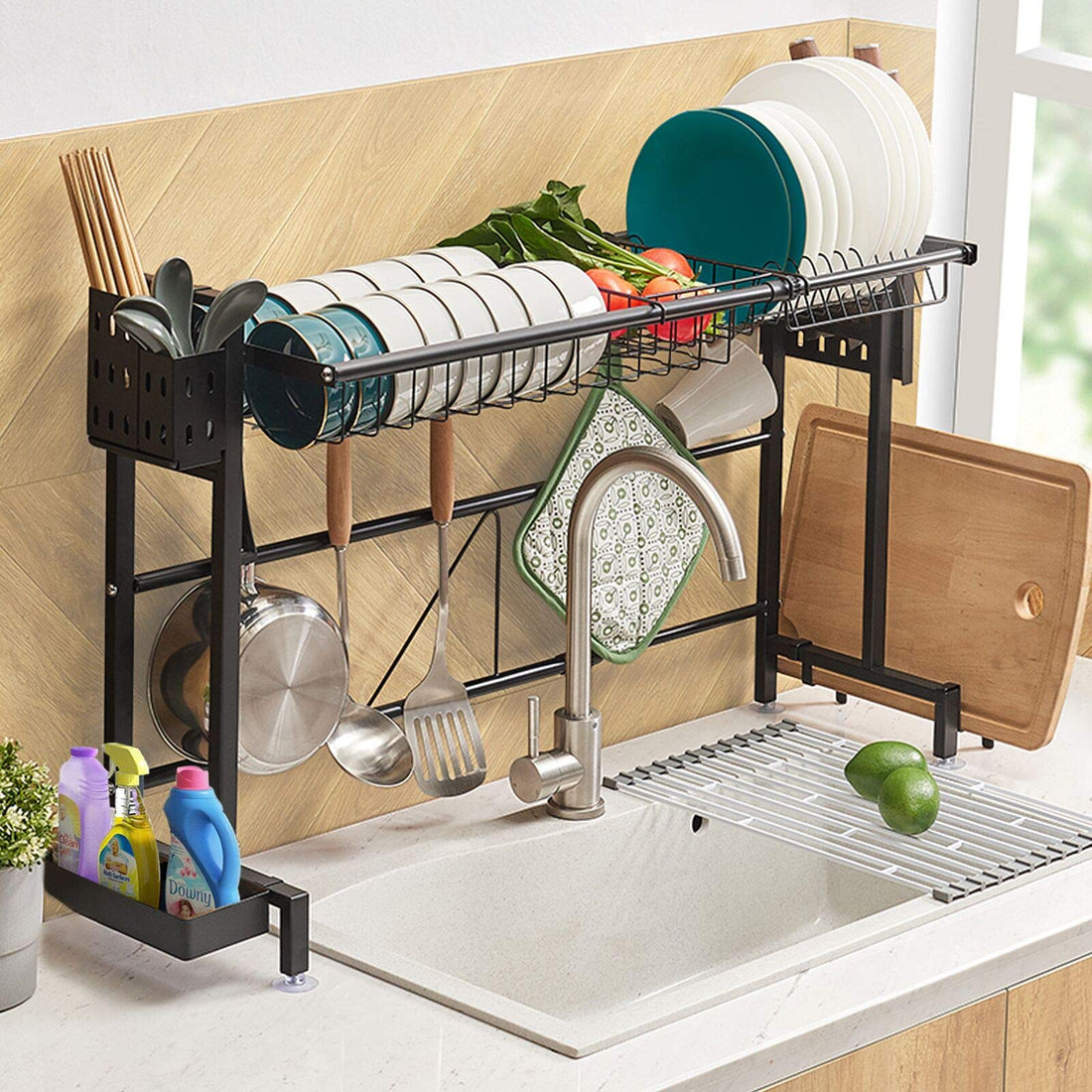 Over the Sink Dish Drying Rack, Dish Drainer for Kitchen Counter, Width Adjustable (22.8”-36.6”), Kitchen Supplies Storage Shelf, Counter Organizer, Stainless Steel, Kitchen Space Saver, Black