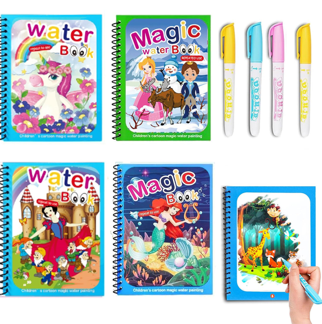 QXNDXQ Water Colouring Book, Pack of 4, Water Drawing Book, Children's Magic Colouring Book, Reusable Magic Colouring Books with 4 Water Pens for Children from 3 Boys Girls (2)