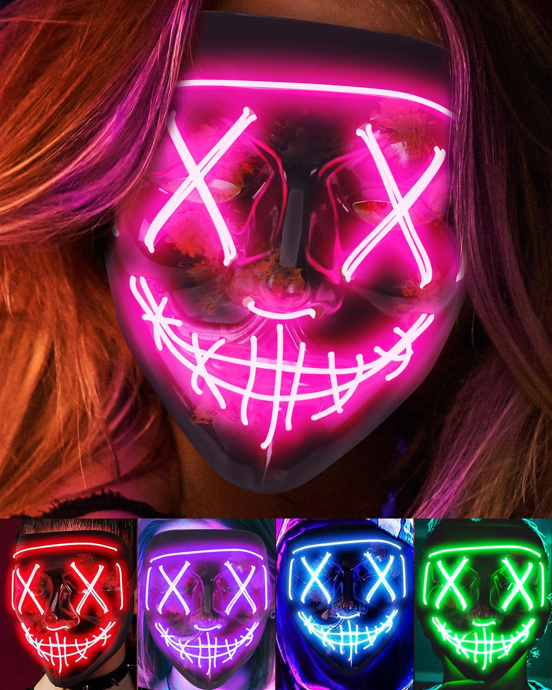 Wonka Sago Brothers Scary Halloween Mask, LED Light up Mask Cosplay, Glowing in The Dark Mask Costume 3 Lighting Modes, Halloween Face Masks for Men Women Kids - Pink