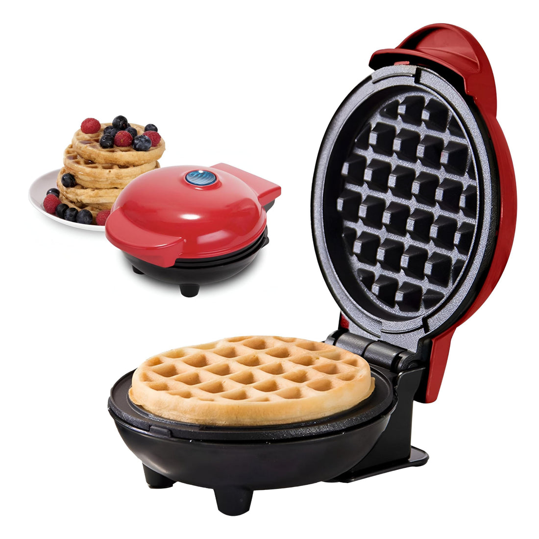 Red Non-Stick Iron - 350W mini waffle maker in vibrant red, compact 12.4x16x8.5 cm size, non‑stick coating for effortless pancake, waffle and sandwich preparation, easy clean‑up.