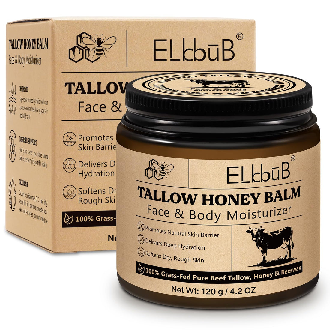 Whipped Tallow Cream for Face & Body - 100% Grass-Fed Beef Tallow, Natural Honey & Beeswax Moisturiser, Deep Hydration & Care, Oil and Fragrance Free, Quick Absorbing