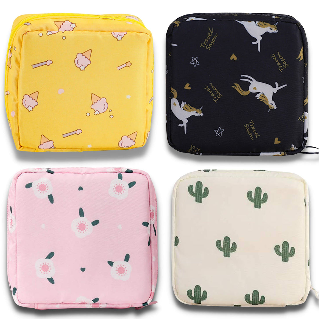 Reusable Sanitary Napkin Pads Storage Bag Portable for Women Girls | Made of Nylon + Water Resistance | Zero Waste Period (4-Pack) (Ice Cream + Unicorn + Flower + Cactus)