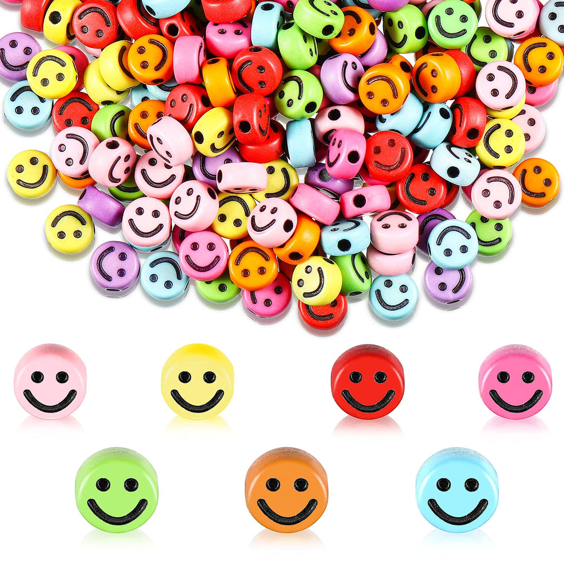 MTLEE 100 Pieces Smile Face Beads 10 mm Happy Face Spacer Beads Colorful Face Acrylic Loose Beads Cute Smile Round Beads Acrylic Beads for DIY Jewelry Bracelet Earring Necklace Craft Supplies