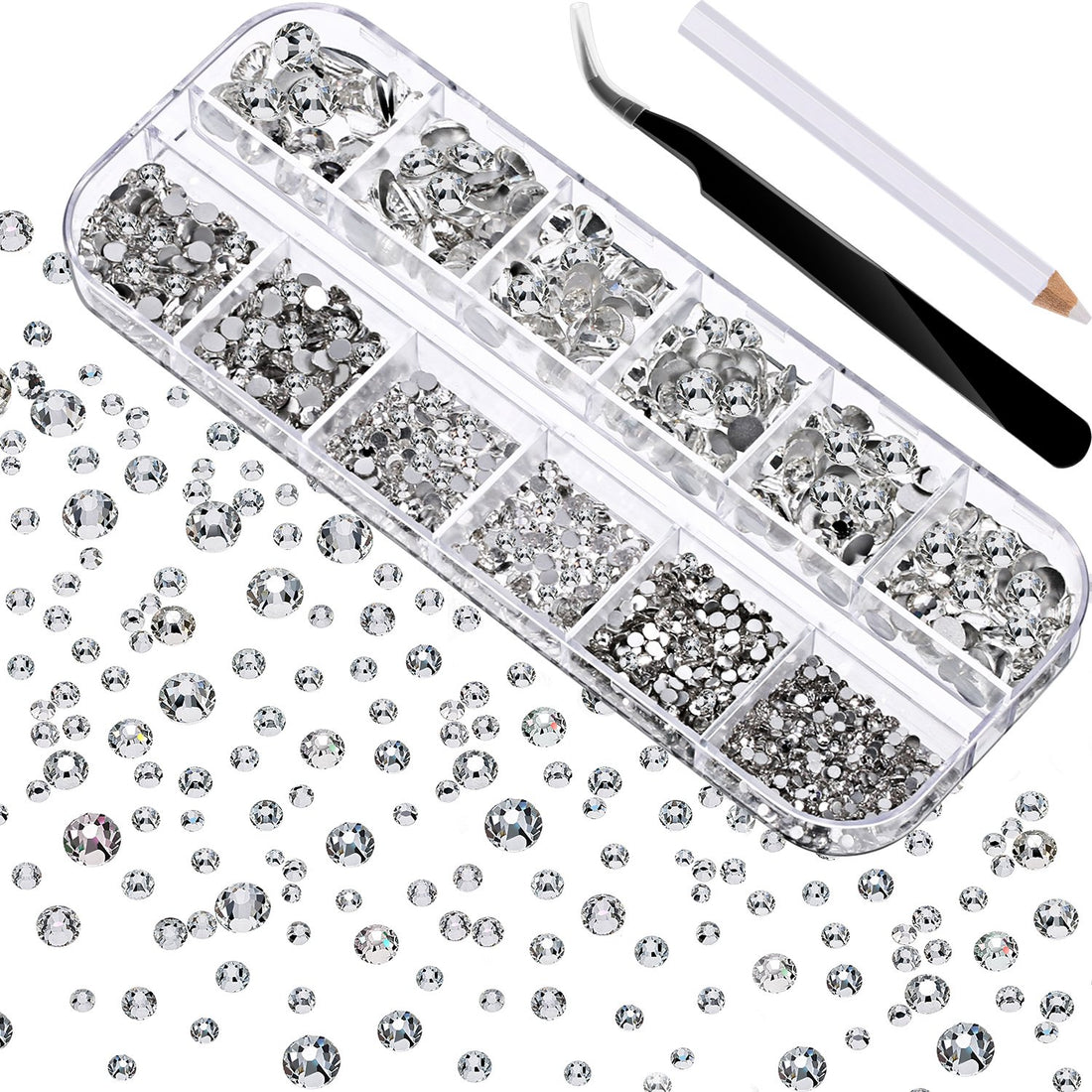 2000 Pieces Flat Back Gems Round Crystal Rhinestones 6 Sizes (1.5-6 mm) with Pick Up Tweezer and Rhinestones Picking Pen for Crafts Nail Face Art Clothes Shoes Bags DIY (Clear)