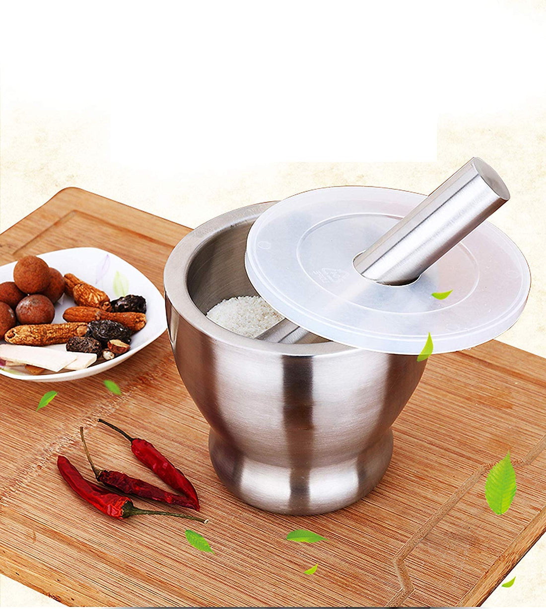 Heavy Duty Stainless Steel Mortar with Lid and Stable Base for Everyday Kitchen Use to Grind Spices, Herbs, Pastes Steadily and Easily