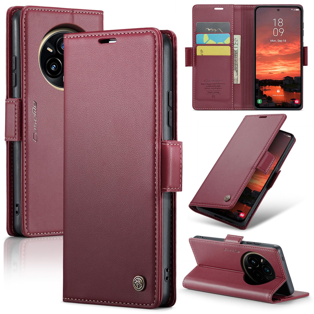 Phone Case Cover UNBLACK Luxury PU Leather Flip Cover 023 Card Slot Holder Cover Compatible with Realme 14 Pro Plus (Red)
