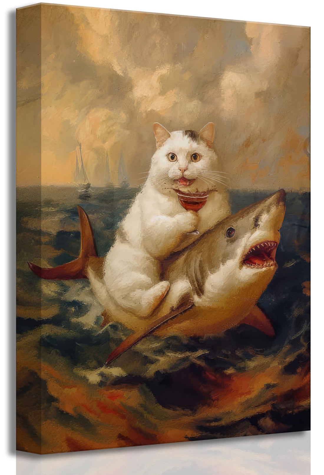 Funny Bathroom Cat Canvas Wall art Renaissance Whimsical Crazy Quirky Humor Fat Cat Riding a Shark Painting Picture Wall Decor Poster Print Artwork for Toilet Restroom Home Decoration