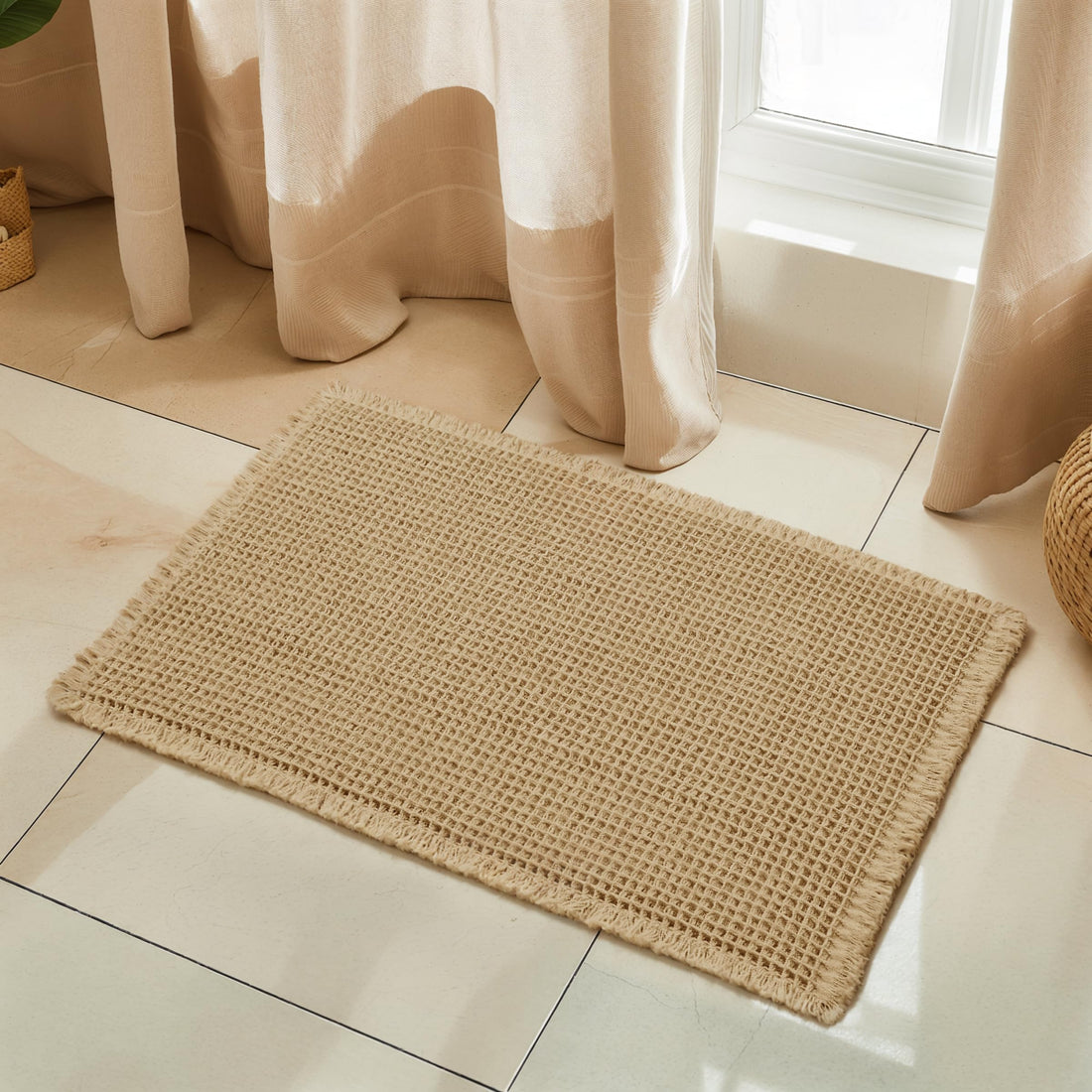 SUBRTEX Waffle Braided Bath Mat, Extra Soft Rubber Backed Bath Rugs, Absorbent Non Slip Bathrooom Mats with Tassels, Machine Washable Area Rug for Bathroom (Khaki, 16" x 24")