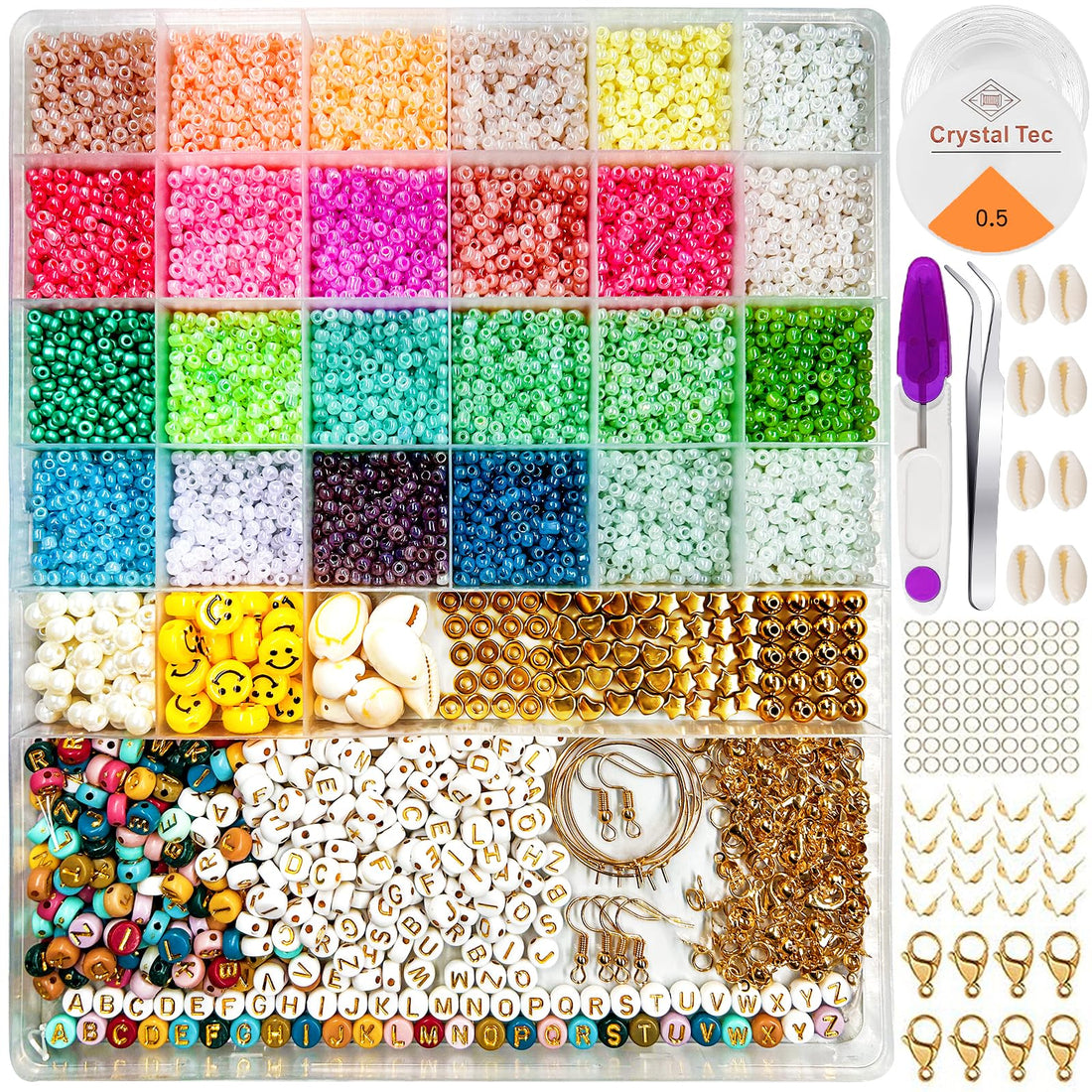 JAZZEEL 24000 Pcs Glass Seed Beads Jewelry Making Kit - 2mm Small Beads in 24 Colors with Letter Beads, Pearls, and Shells for DIY Bracelets, Necklaces, and Art Crafts