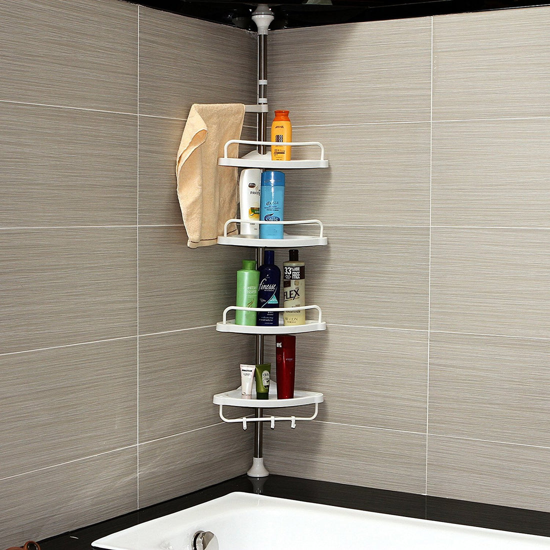 Stainless Steel Tube and PP Plastic 4 Tier Multiple Finish Adjustable Bathroom Corner Stand Organizer (White)
