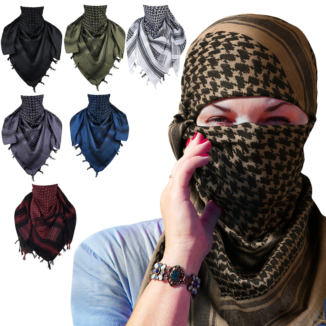 JAZZEEL A Brown Cotton Shemagh Tactical Desert Military Head Scarf - A Versatile Keffiyeh Wrap for Men and Women Perfect as a Face Mask - Brown