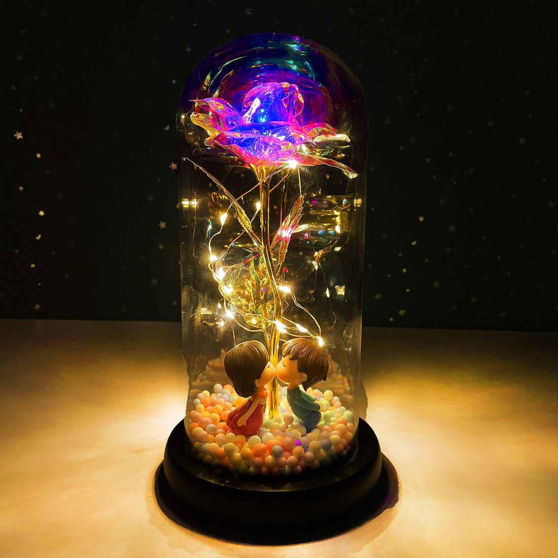 XZY Galaxy Rose Flower Gift, Infinity Rose in Glass Dome, Automatic Color Change LED Light String, Unique Gifts for Women