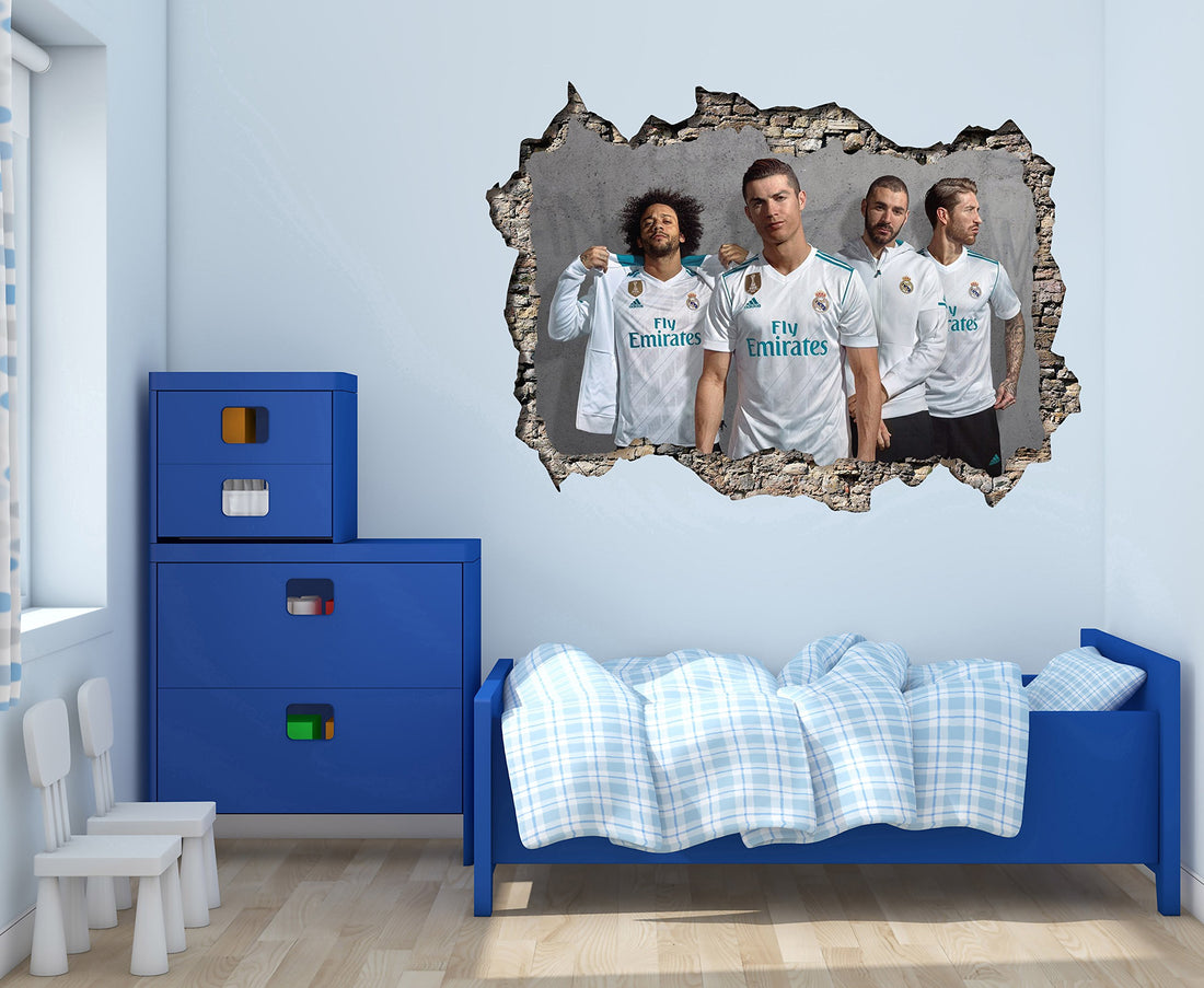 Real Madrid Players - 3D Smashed Wall - Wall Decal for Home Decoration (Wide 30"x22" Height Inches)