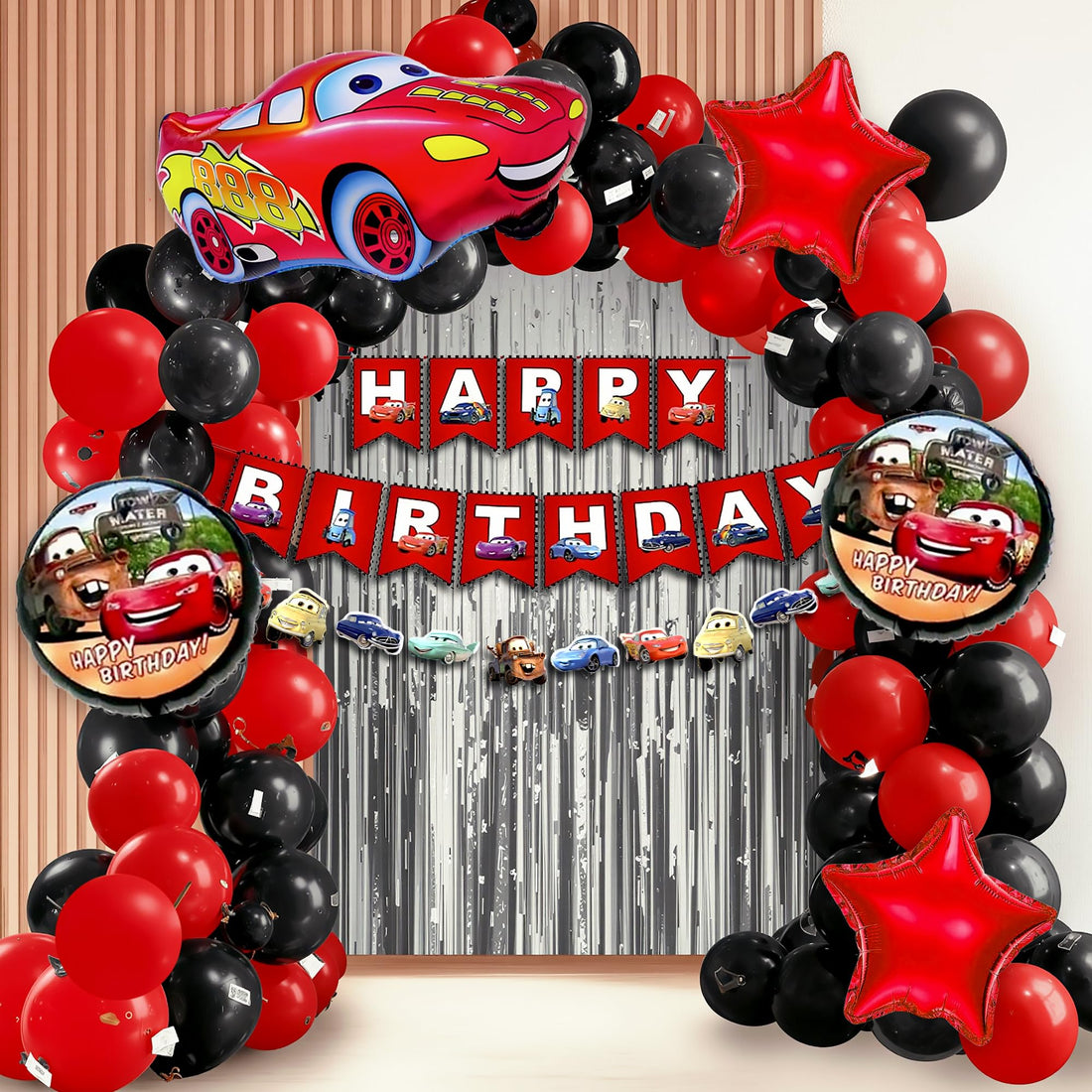 Party Propz 51Pcs Mcqueen Car Birthday Theme Decorations - Red Letter Print Balloons, Buntings & Foil Curtains - Boys & Girls Unisex Children - Birthday Party Supplies