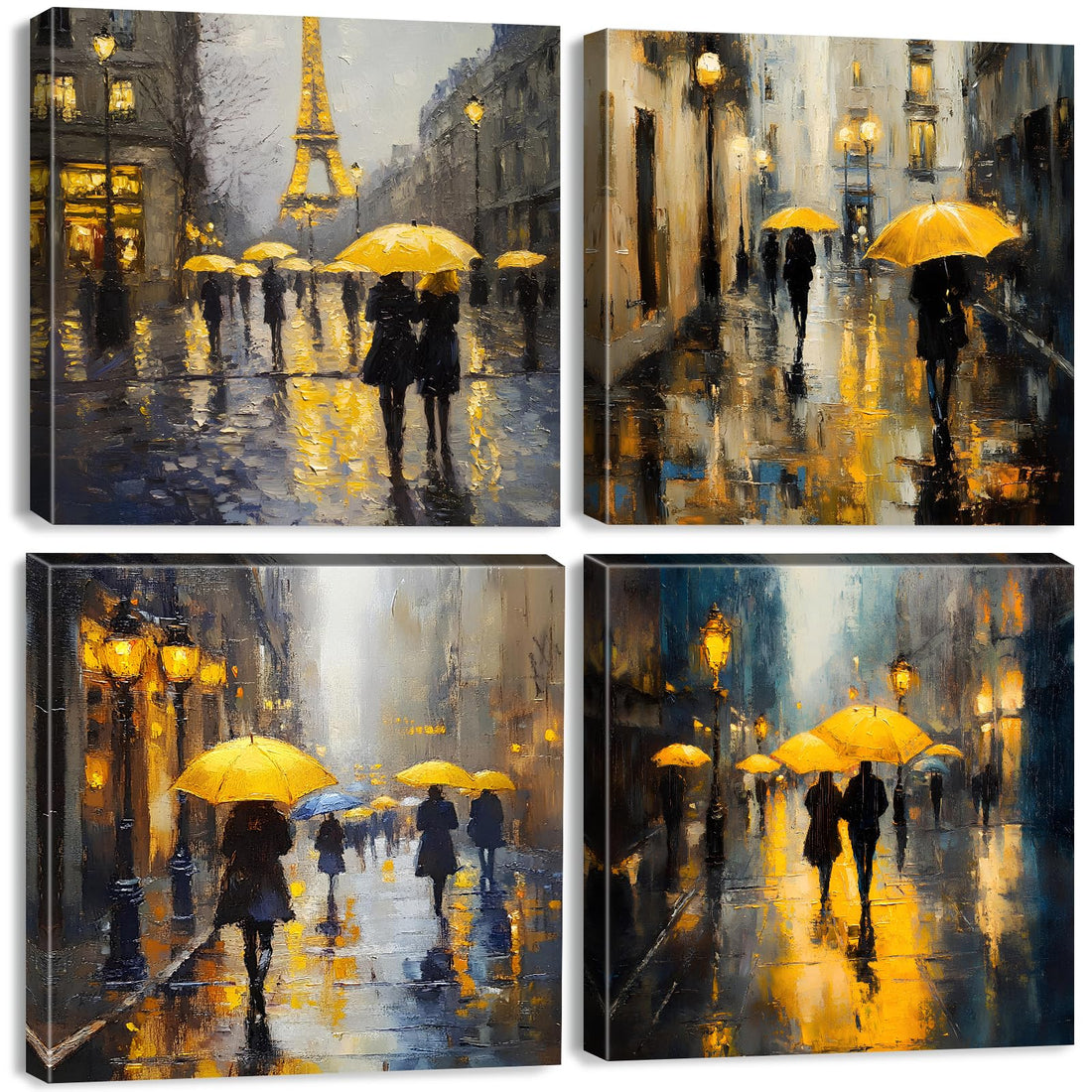 Paris Street Scene Wall Art Yellow Umbrella Cityscape Picture,Bedroom Decor Abstract Modern Rain City Scenery Oil Painting Prints Romantic Artwork for Living Room Bathroom Home Decorations 12x12" 4P