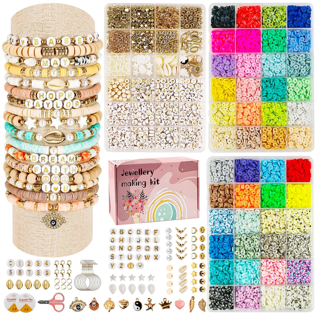 JAZZEEL Clay Beads Bracelet Making Kit, 10720-Piece Set in 72 Colors, 6mm Flat Round Heishi Beads with Letter Charms for DIY Jewelry, Complete Craft Gift for Kids & Adults