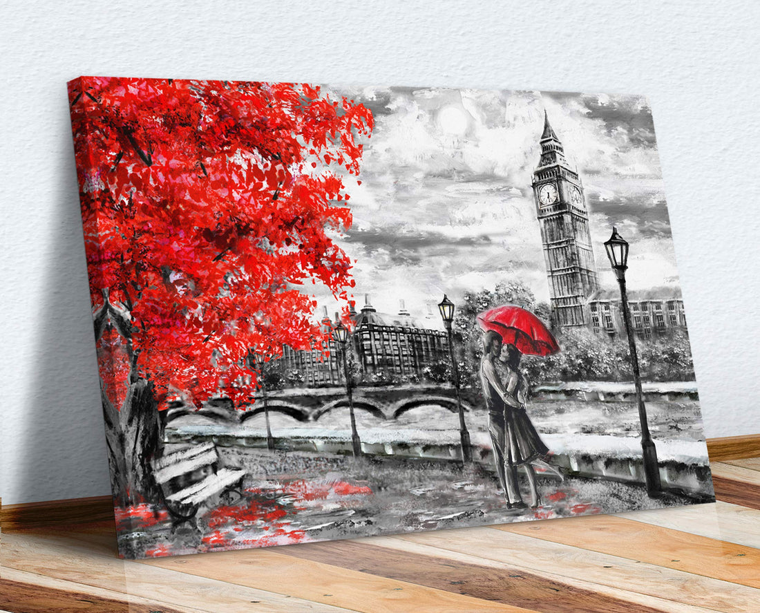 CanvasArtShop Canvas Wall Art London Oil Painting Artwork Big Ben Red Umbrella Picture Print (24in x 16in / 60cm x 40cm)