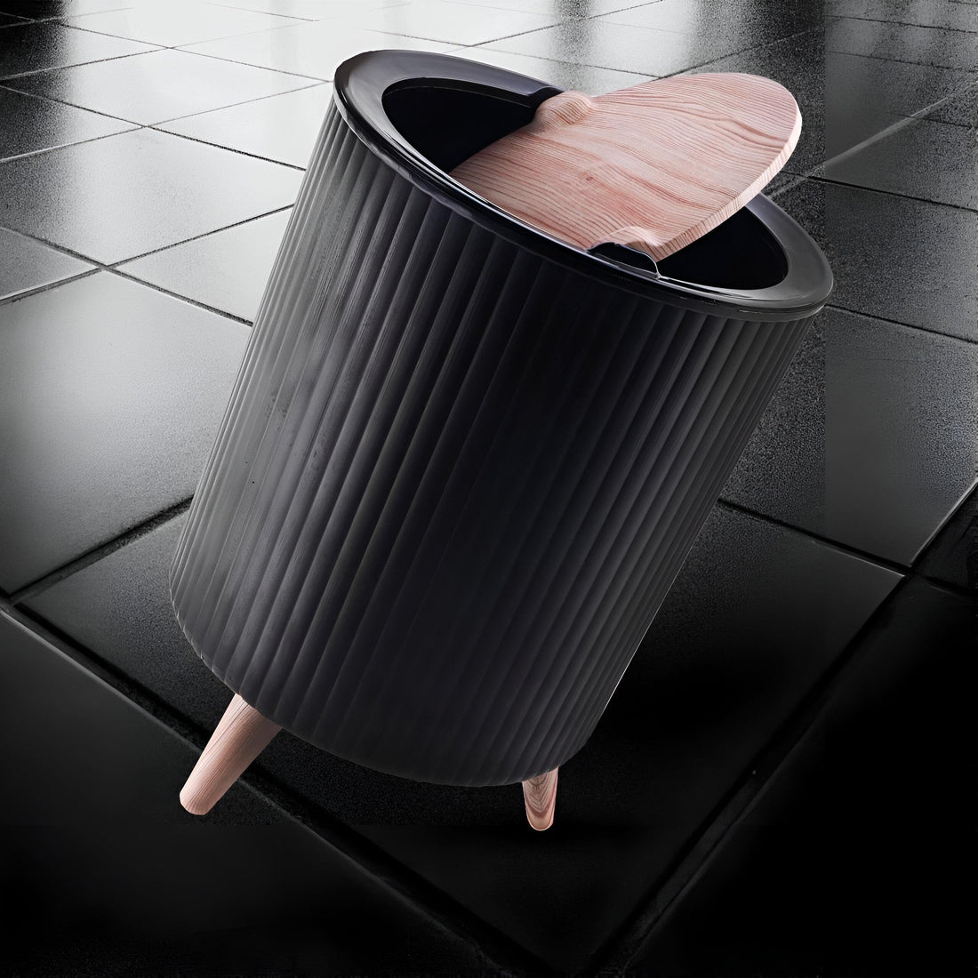 Creative Plastic Trash Can with Wooden Lid Perfect for Kitchen Bathroom Office Living Room Dining Room (Black)