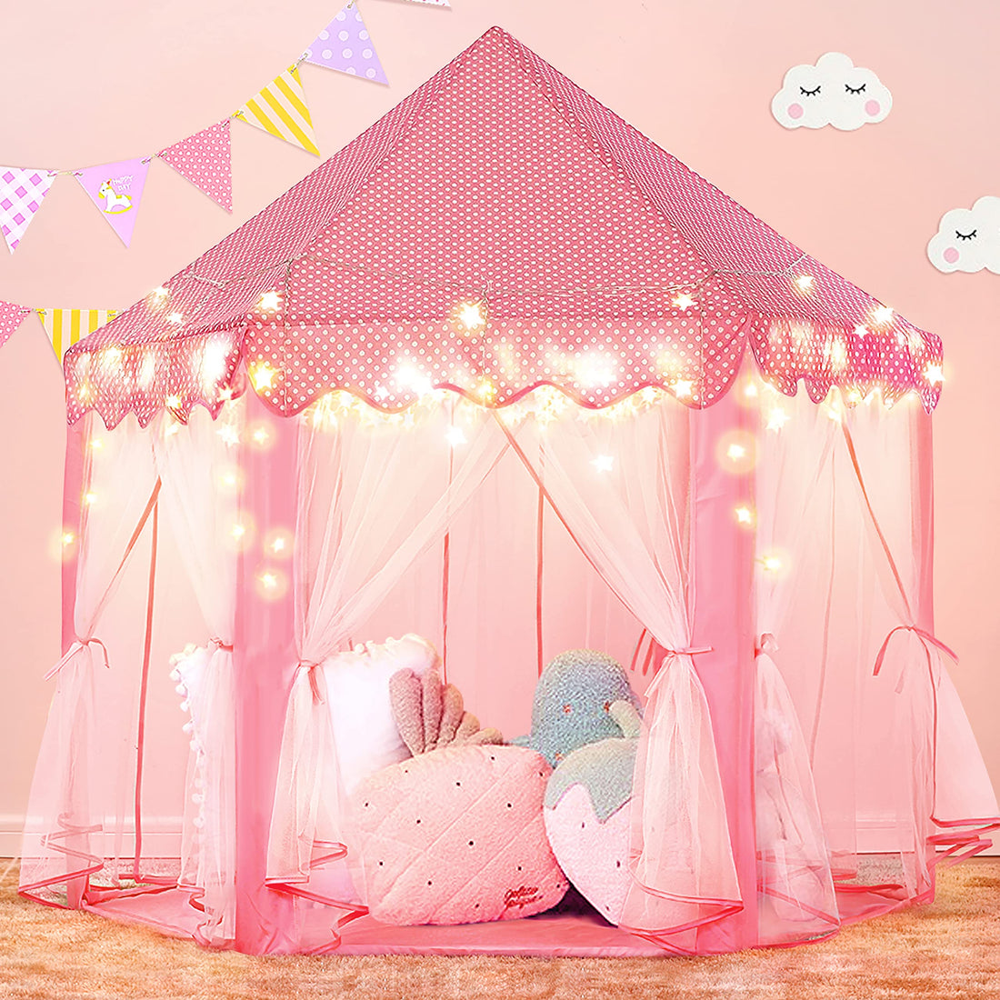 Princess Castle Tent for Girls, for Girls with LED Star Lights, Gift for Children Toddlers Indoor and Outdoor Games, Princess Tent, 55x53 inch (Pink Tent)