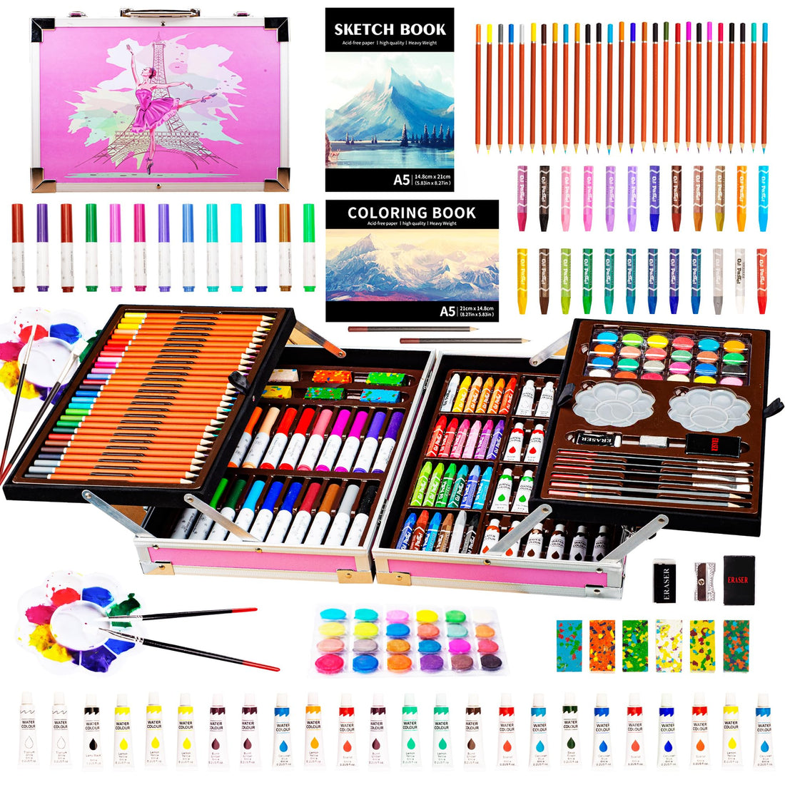 KINSPORY Art Kits for Kids, Art Set, 139 Pack Painting Coloring Drawing Art Supplies Case, Sketch Book, Deluxe Aluminum Gift Box for Girls Boys Teens (Light Pink)
