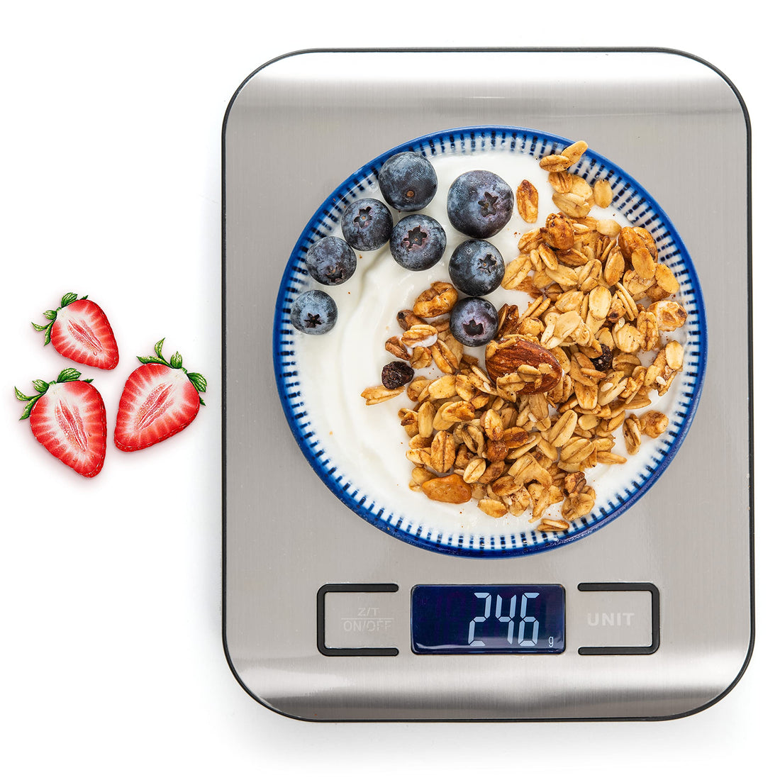 PORTENTUM Digital Kitchen Scales 5 kg with Large LCD Display, Digital Scale, Letter Scales with Large Stainless Steel Weighing Surface, Liquid Measurement, High Precision up to 1 g, Tare Function,