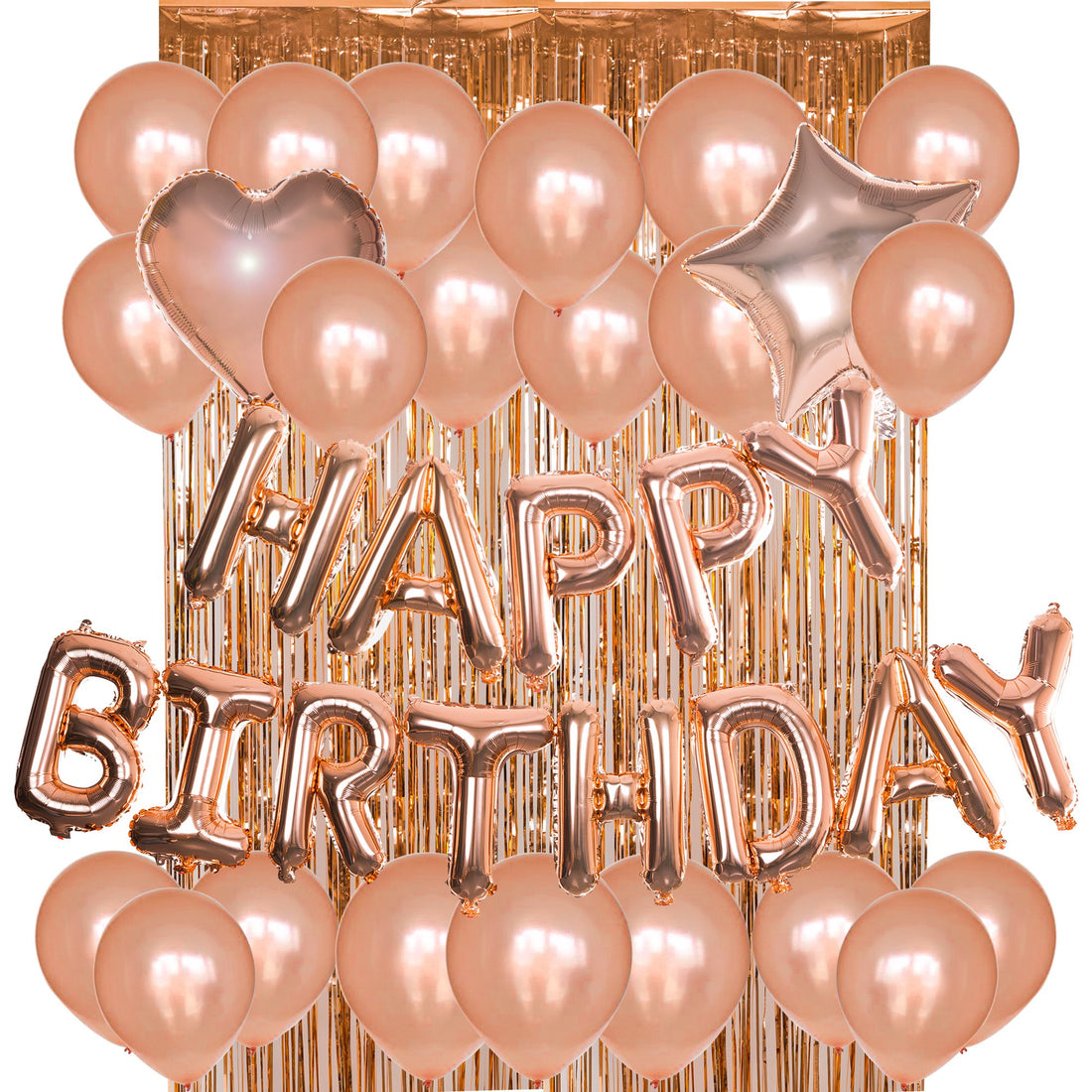 JMAY Birthday Decorations Party supplies Kit Rose Gold Happy Birthday Letter Foil Balloons Latex Balloons,Metallic Tinsel Foil Fringe Curtains