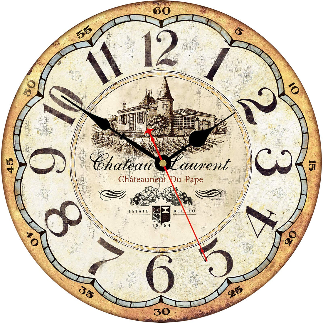 Wooden Wall Clock Arabic Numerals Easy to Read Round Home Decor Wall Clocks Battery Operated Silent Quartz 14 Inch (Mansion Pattern)