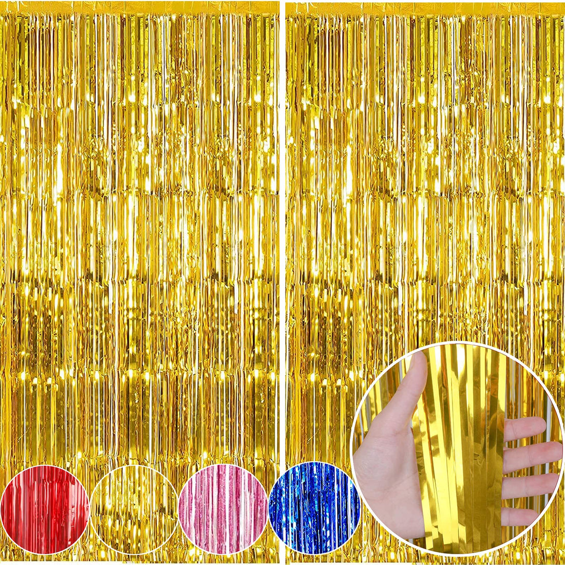 2 Pack Gold Tinsel Foil Fringe Curtain Streamers, 3.3 x 6.6ft Metallic Streamers Backdrop Aluminum Foil Stripe Curtain, Photo Decoration Set for Wedding Birthday Baby Shower Halloween Christmas Party